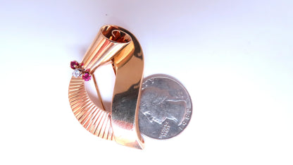 Regency Deco Ruby Diamond Swirl Brooch Pin 14kt 12533 *v