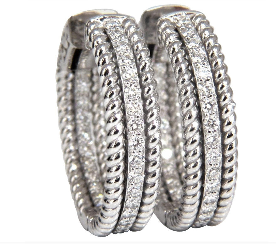 1.00ct natural diamond hoop earrings 14kt g/vs Barley Rope Twist 3D & Button *v