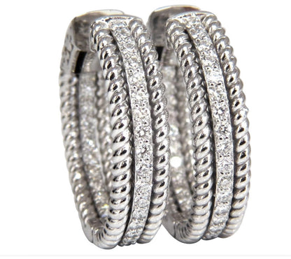 1.00ct natural diamond hoop earrings 14kt g/vs Barley Rope Twist 3D & Button *v