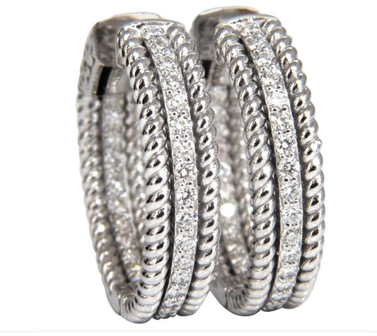 1.00ct natural diamond hoop earrings 14kt g/vs Barley Rope Twist 3D & Button *v