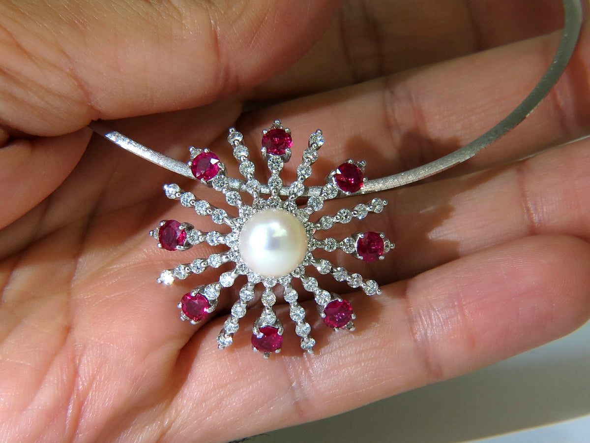 5.75CT NATURAL GEM RUBY DIAMOND 3D STAR BURST PEARL PENDANT *v
