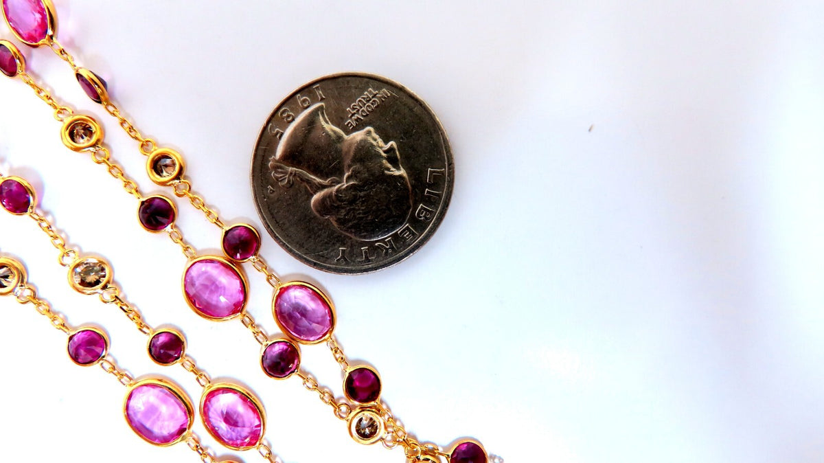 26.45ct natural vivid pink sapphires Ruby diamond yard station necklace 14kt *v