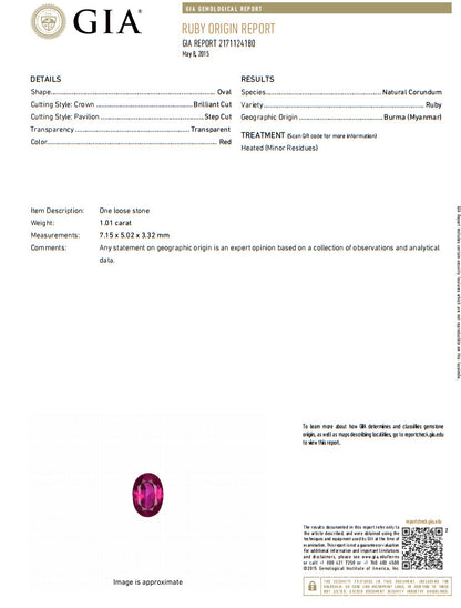 Burma Natural GIA Certified 1.01ct oval cut red ruby .50ct diamonds ring 14kt *v