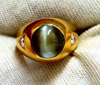 GIA Certified Natural Chrysoberyl Cats Eye Mens Diamond Signet Ring 18kt *v