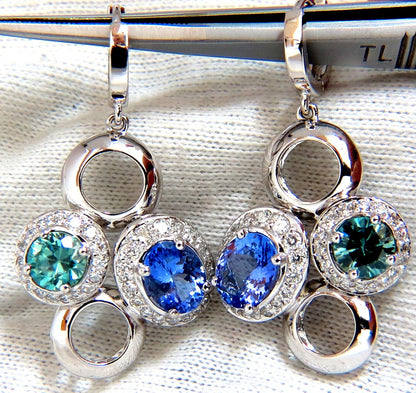 7.07CT NATURAL TANZANITES ZIRCON DIAMONDS CIRCLE DANGLE EARRINGS 14KT *v