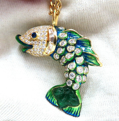 10.12ct Natural Sapphire Emerald & Diamonds Enamel Fish Pendant 18kt *v