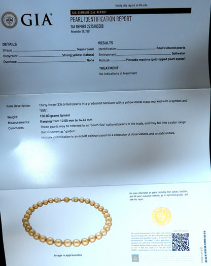 GIA certified Natural South Sea Golden Pearls Necklace 14mm *v