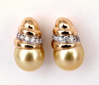 11.2mm Golden Yellow South Seas Pearls .50ct Diamonds Stud Earrings 14kt Gold *v