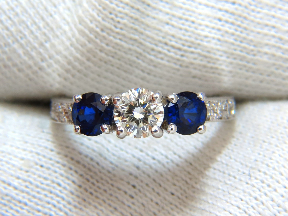 1.85ct NATURAL BLUE SAPPHIRE DIAMONDS RING 14KT CLASSIC THREE BEAD SET *v