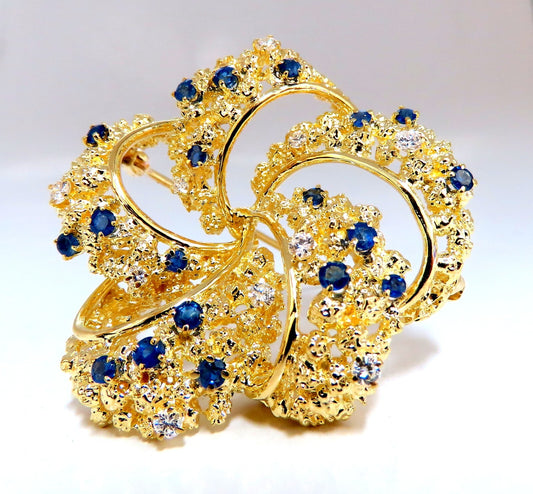 Swirling 18kt Gold Natural Sapphire Diamonds Pin *v
