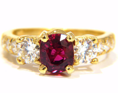 GIA Certified 2.12ct cushion cut vivid red ruby 1.06ct diamonds ring 18kt*v