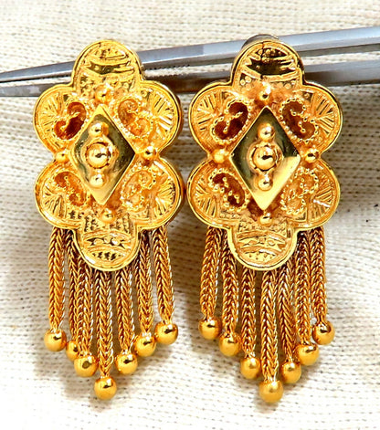 Retro Tribal Elongated Clover Tassel Dangle Earrings 14kt *v