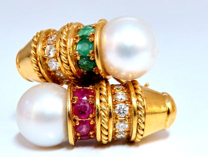 3ct Natural Ruby Emerald Sapphire Pearl clip Earrings 18kt *v