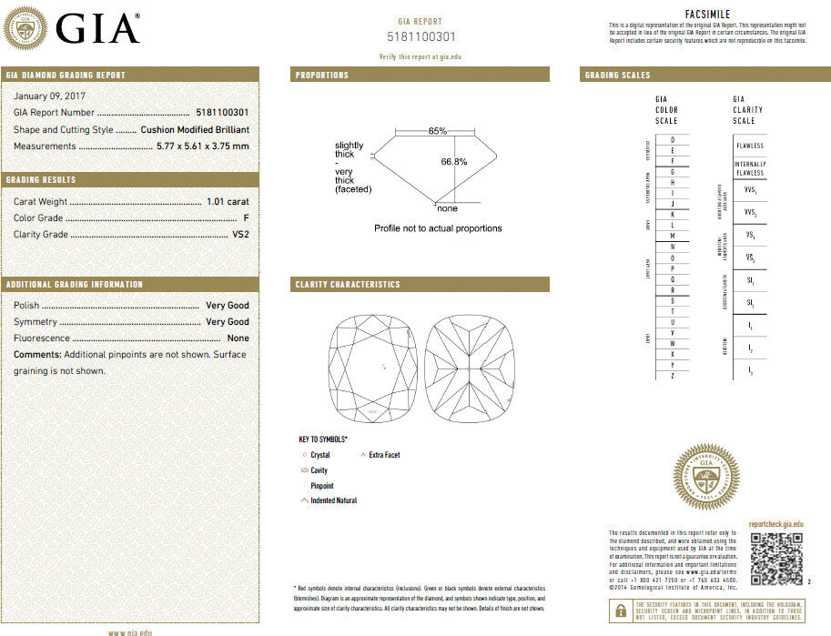 GIA Certified 1.01ct. Cushion cut natural diamond ring Platinum F/VS *v