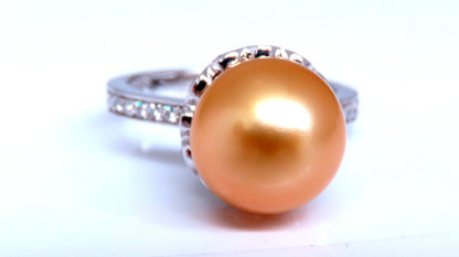 10.3mm Natural Golden South Seas Pearl Diamonds Rings 14kt *v