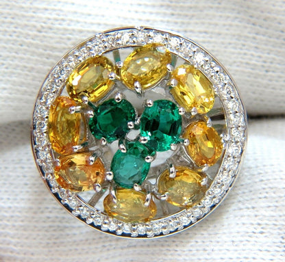 5.12CT NATURAL FANCY YELLOW SAPPHIRES VIVID GREEN EMERALDS CLUSTER RING 10003 *v