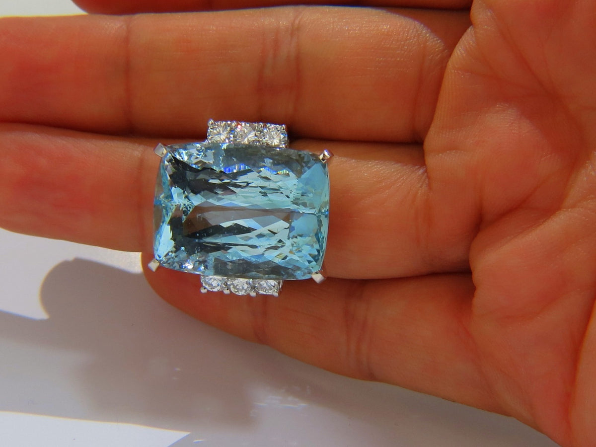 GIA CERTIFIED 39.10ct NATURAL CUSHION CUT AQUAMARINE DIAMONDS RING 14kt *v