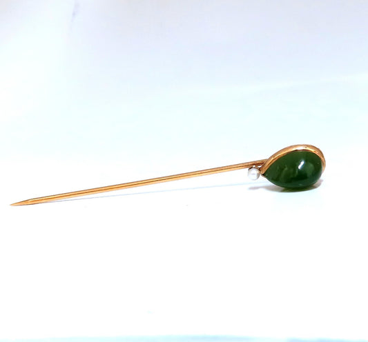 Natural American Green Jade Hat stick Pin scarf 14kt gold *v