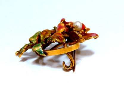 Vintage Enamel Flower Pin Seed Pearl 18kt *v