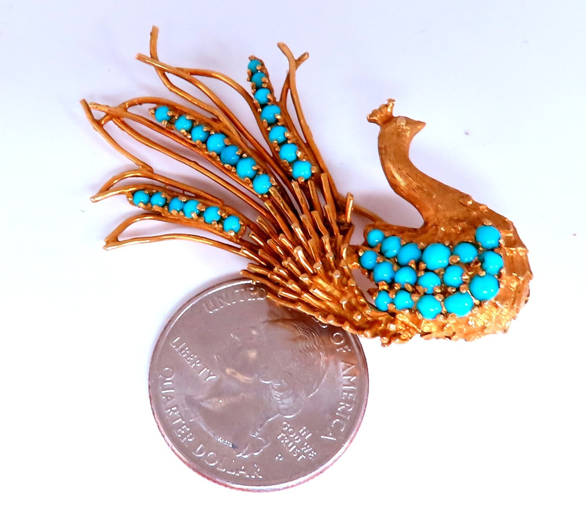 18kt Gold Natural Turquoise Peacock Pin Vintage *v