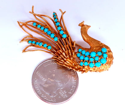 18kt Gold Natural Turquoise Peacock Pin Vintage *v
