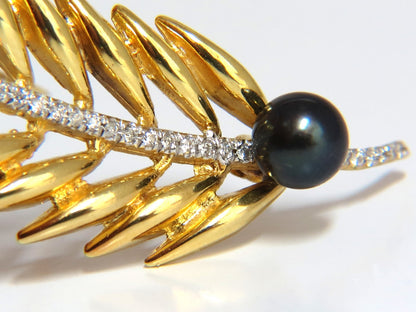 6mm natural Tahitian peacock pearl diamonds brooch leaf foliage vintage 14kt *v