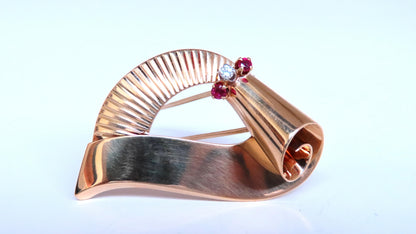 Regency Deco Ruby Diamond Swirl Brooch Pin 14kt 12533 *v