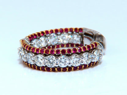 4.24ct natural red ruby diamond hoop earrings 14kt gold three row Intricate *v