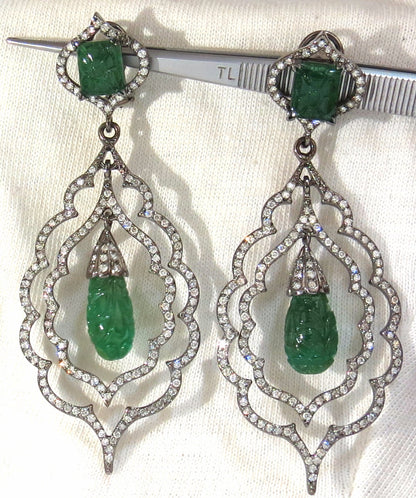 29.50ct NATURAL CARVED EMERALDS DIAMONDS DANGLING EARRINGS 14kt *v