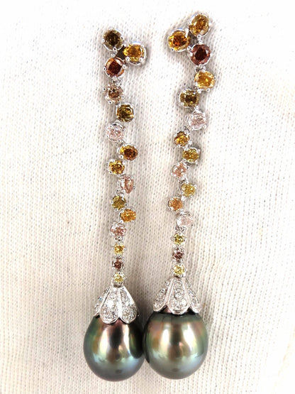 12.70mm NATURAL TAHITIAN PEARLS DANGLE COLOR DIAMOND EARRINGS 14KT *v