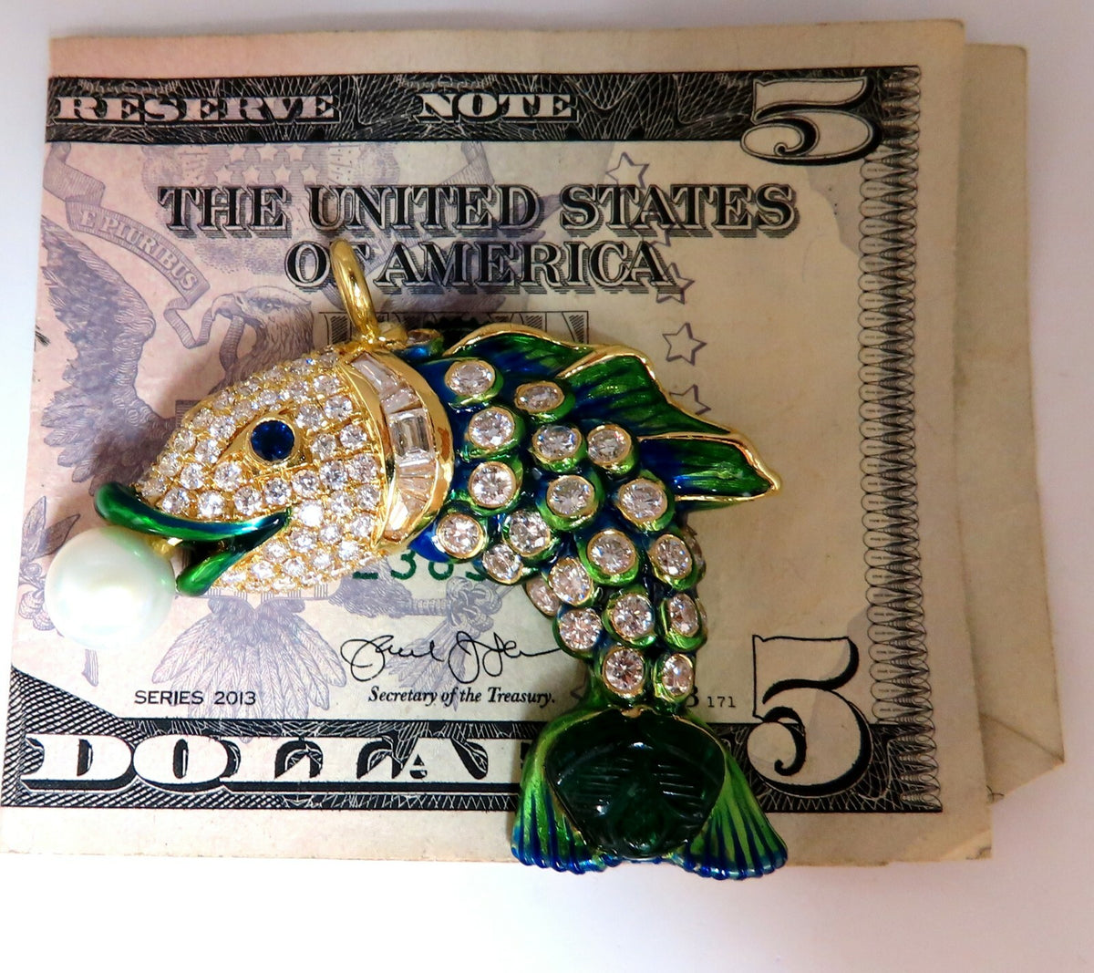 Natural Akoya Pearl Sapphire Emerald & Diamonds Enamel Fish Pendant 18kt *v
