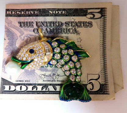 Natural Akoya Pearl Sapphire Emerald & Diamonds Enamel Fish Pendant 18kt *v