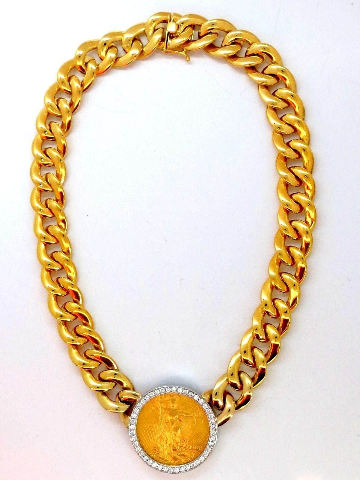 1908 LIBERTY FINE GOLD COIN 2.00CT DIAMONDS LINK NECKLACE 10286 *v