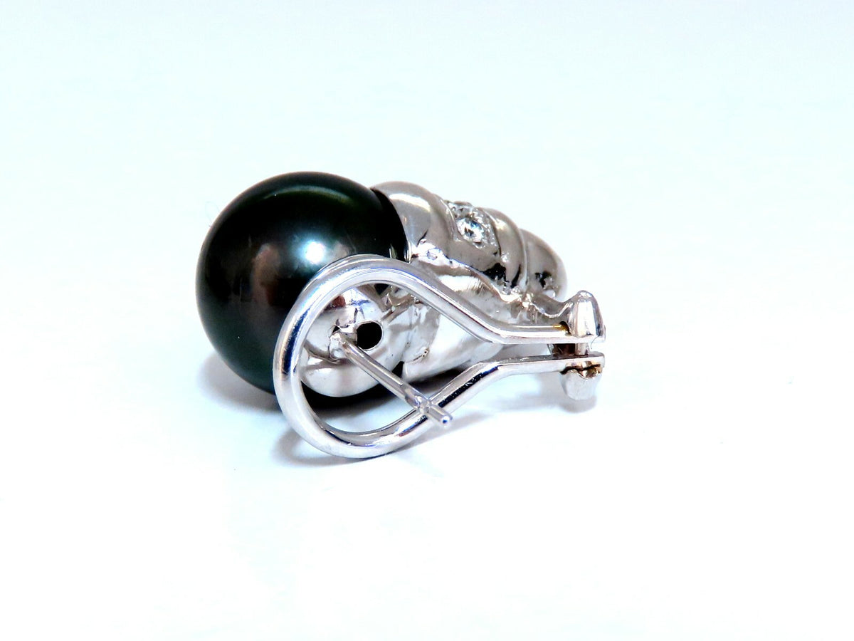 11mm natural tahitian pearl & .50ct diamonds raised cap earrings 14kt *v