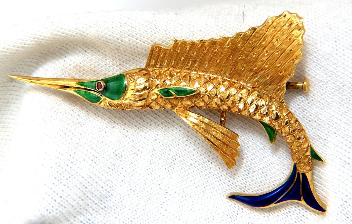 Art Deco Prime swordfish marlin brooch Enamel 14kt *v