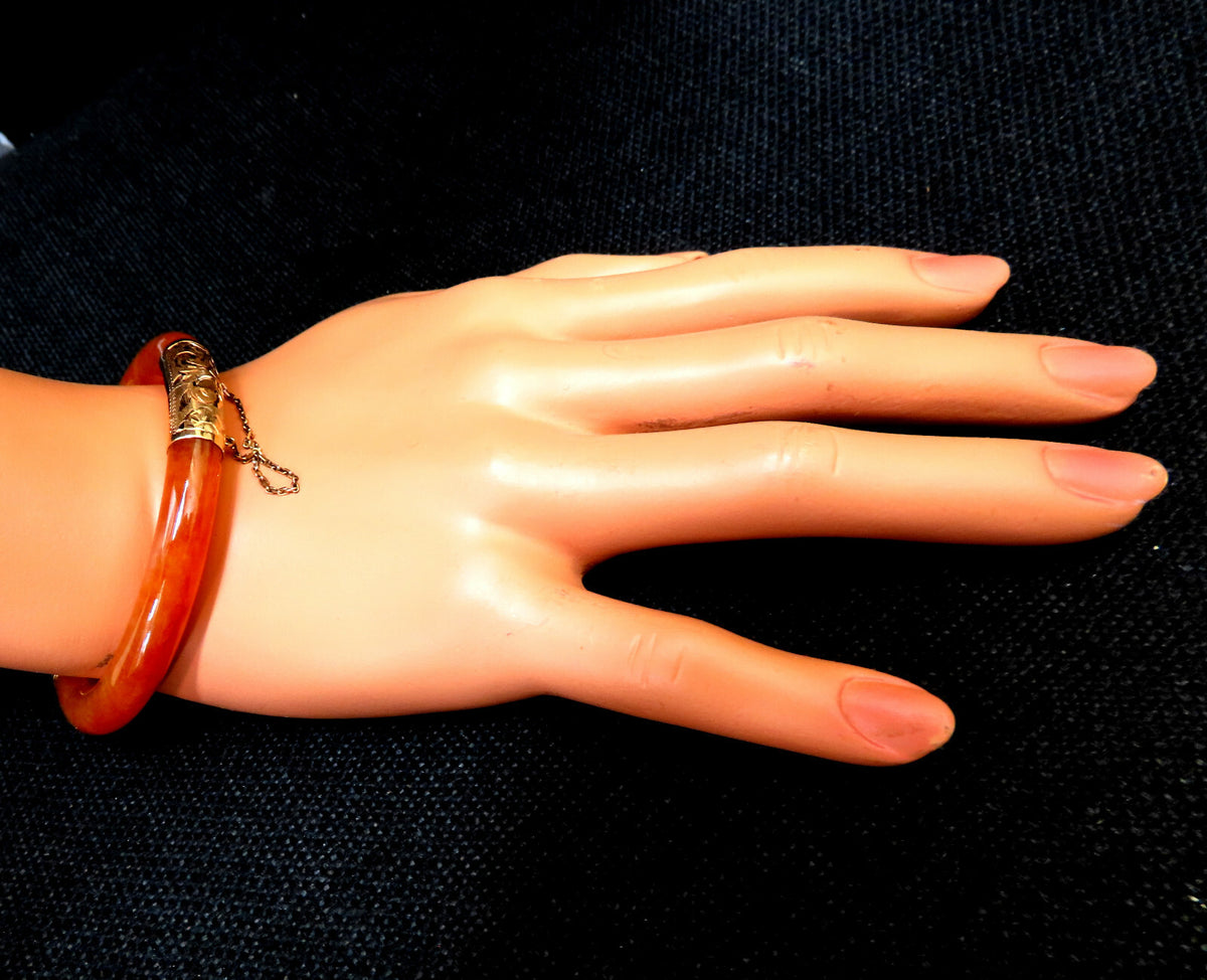 GIA Certified Natural Orange Brown Jade Bangle Bracelet 14kt *v