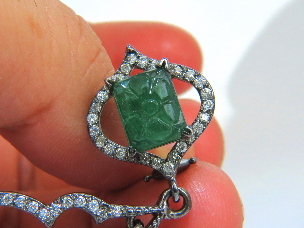 29.50ct NATURAL CARVED EMERALDS DIAMONDS DANGLING EARRINGS 14kt *v