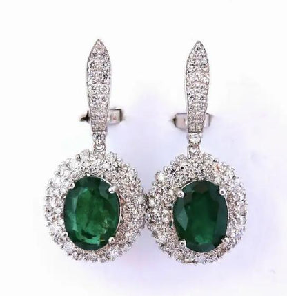 8.35ct Natural Oval Emeralds Diamond Dangle Earrings 18kt Halo Cluster 12643 *v