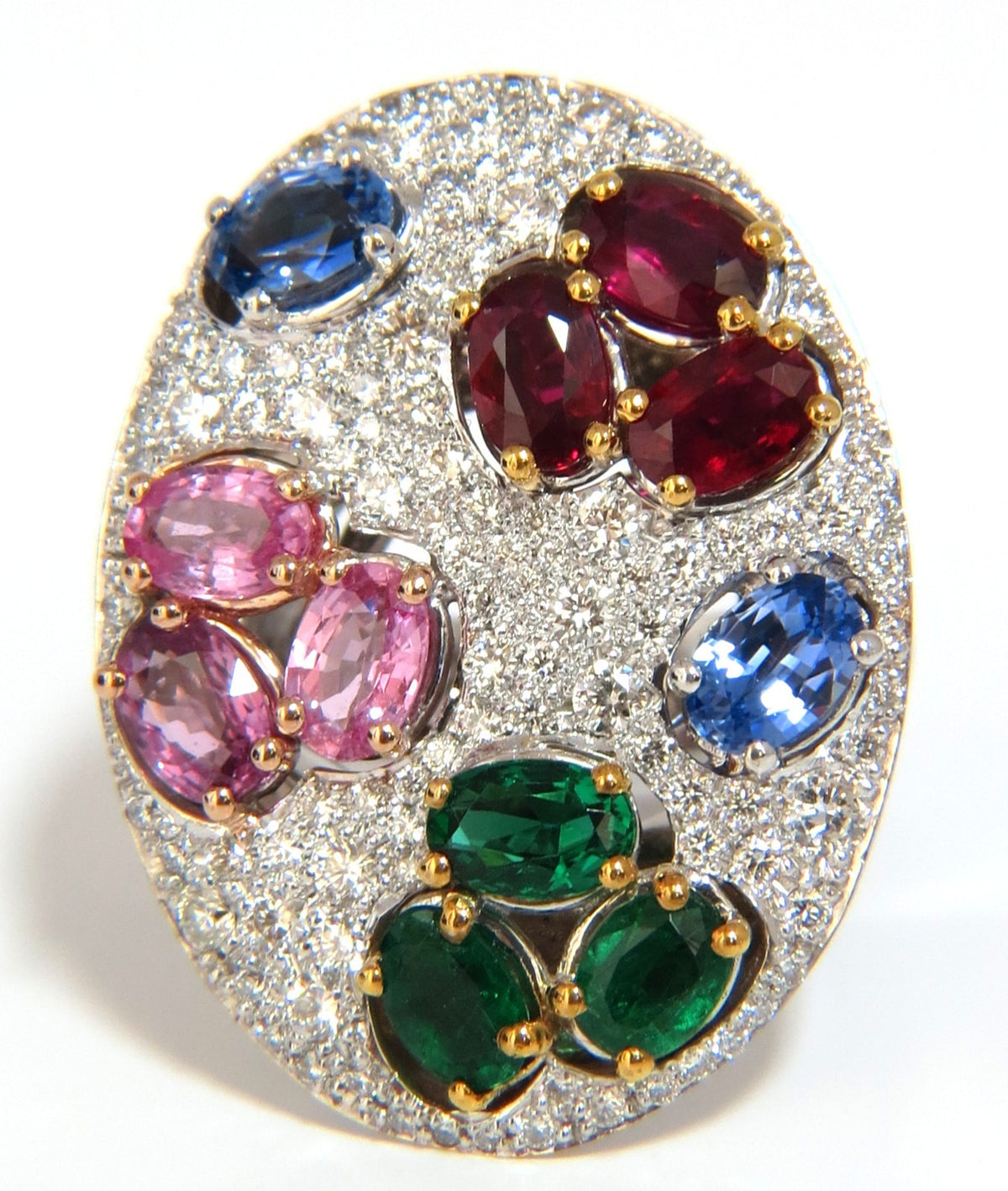 7.26CT NATURAL SAPPHIRE EMERALD RUBY DIAMONDS SECTIONAL COCKTAIL RING 18KT*v
