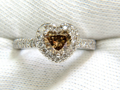 1.37CT NATURAL FANCY BRIGHT BROWN HEART CUT HALO DIAMOND RING 14KT VS *v