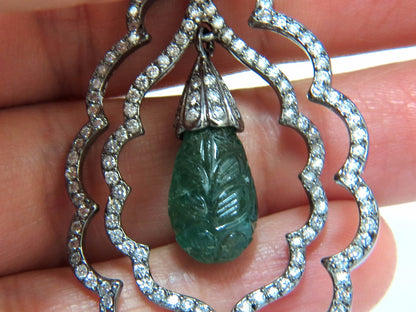 29.50ct NATURAL CARVED EMERALDS DIAMONDS DANGLING EARRINGS 14kt *v