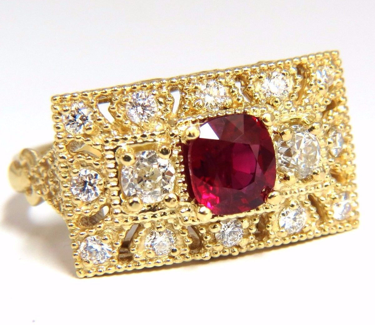GIA 2.31CT NATURAL CUSHION VIVID RED RUBY DIAMONDS BYZANTINE RING 18KT GOLD*v