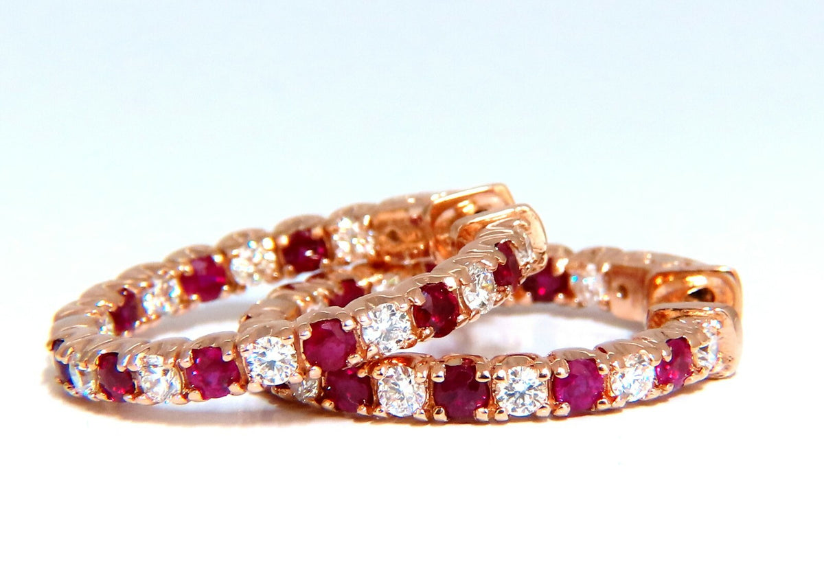 2.95ct natural Ruby diamonds hoop earrings 14kt rose gold inside out *v