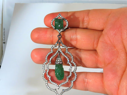 29.50ct NATURAL CARVED EMERALDS DIAMONDS DANGLING EARRINGS 14kt *v