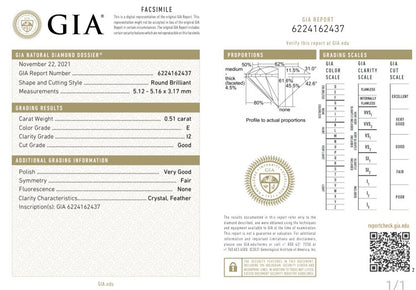 GIA Certified .51ct Natural Round Diamond solitaire ring E/I2 +Band 14kt gold *v