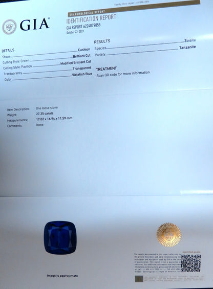 GIA Certified 27.35ct natural Blue Tanzanite diamonds ring 18kt Three Stone *v