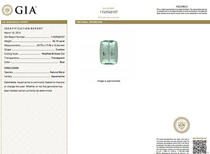 GIA CERTIFIED 39.10ct NATURAL CUSHION CUT AQUAMARINE DIAMONDS RING 14kt *v