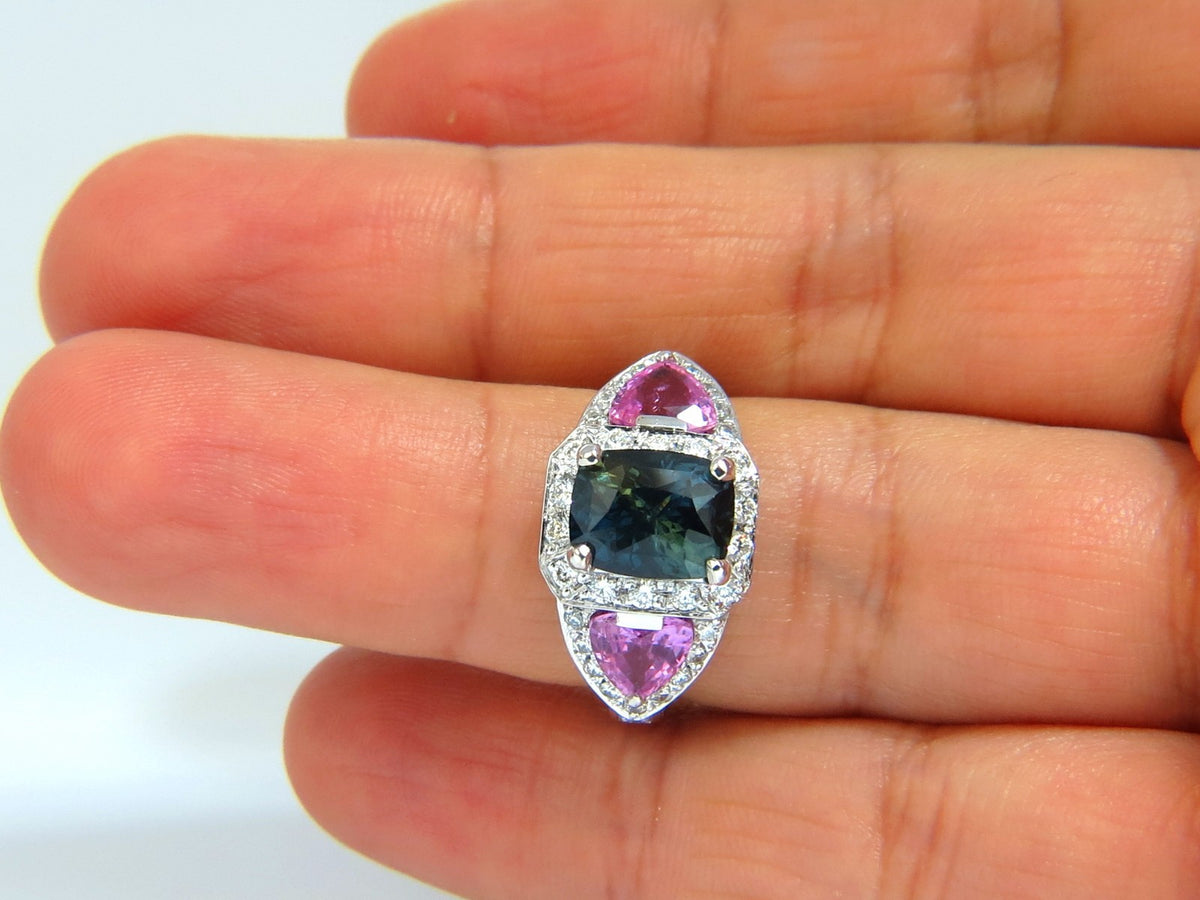 GIA CERTIFIED 6.19ct NATURAL NO HEAT GREEN BLUE SAPPHIRE DIAMONDS RING *v