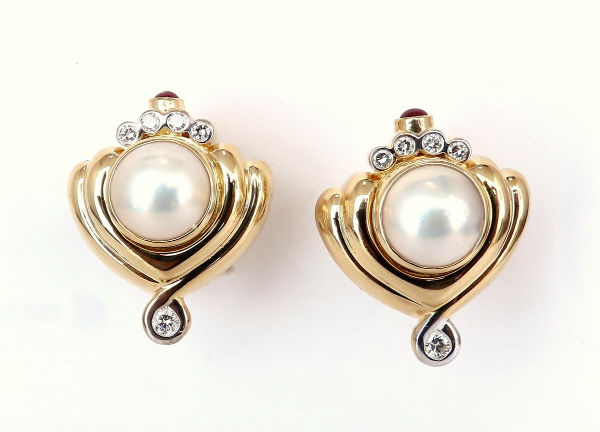 Lagos 11mm Mabe Pearls .60ct Diamonds Clip Earrings 18kt Gold *v