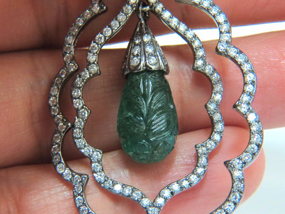 29.50ct NATURAL CARVED EMERALDS DIAMONDS DANGLING EARRINGS 14kt *v